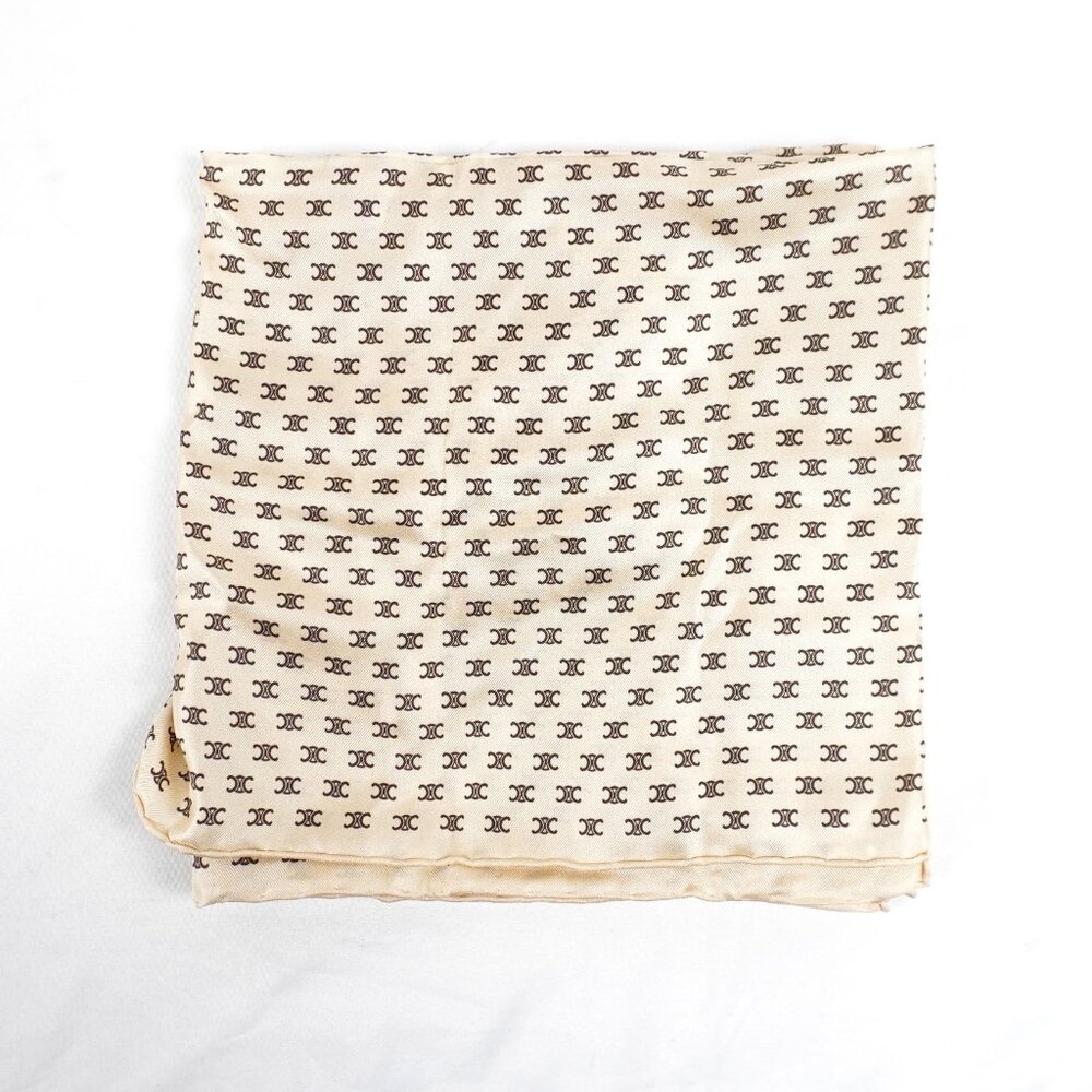 Celine Silk Triomphe Monogram Square Scarf In Beige And Brown NWT - Picture 4 of 11